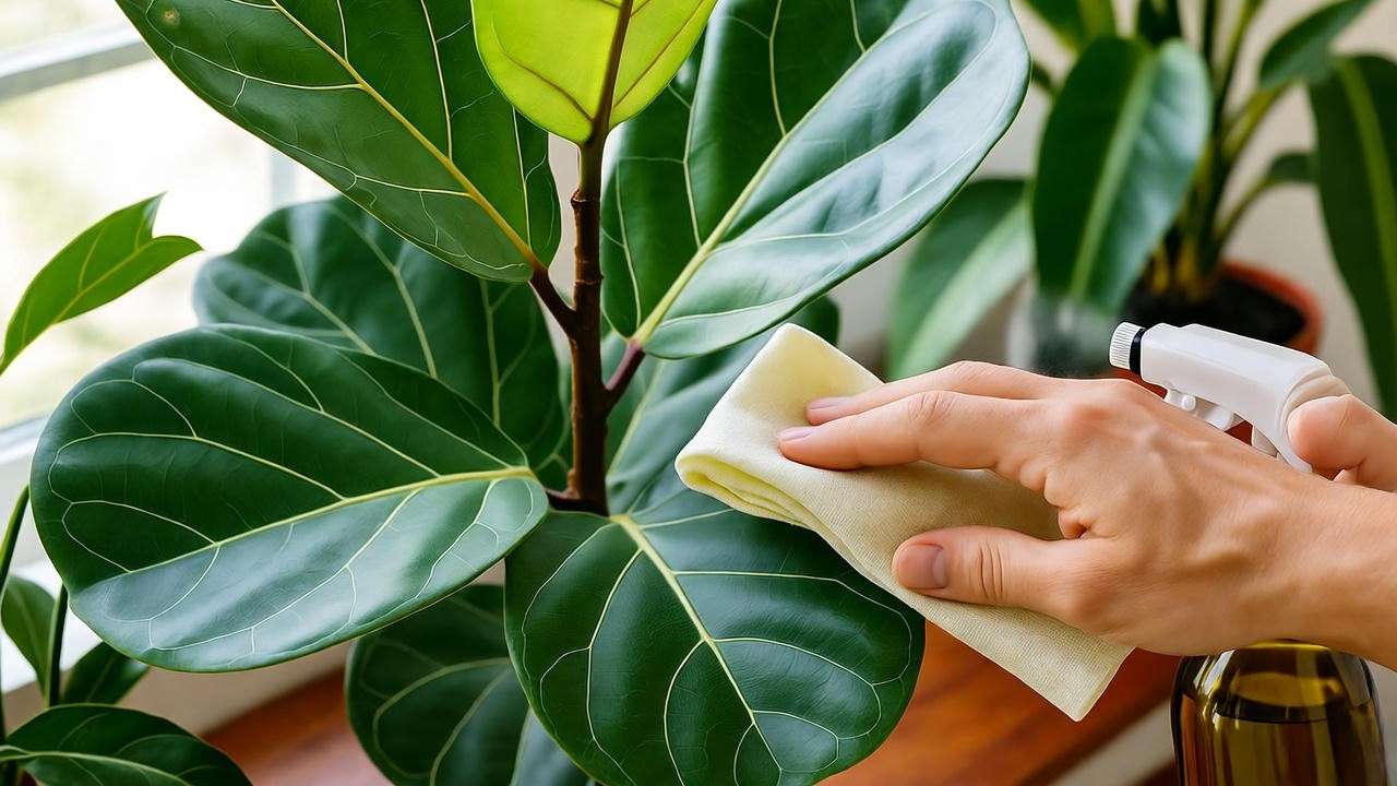 Ficus lyrata leaves being treated with neem oil for pest control indoors"