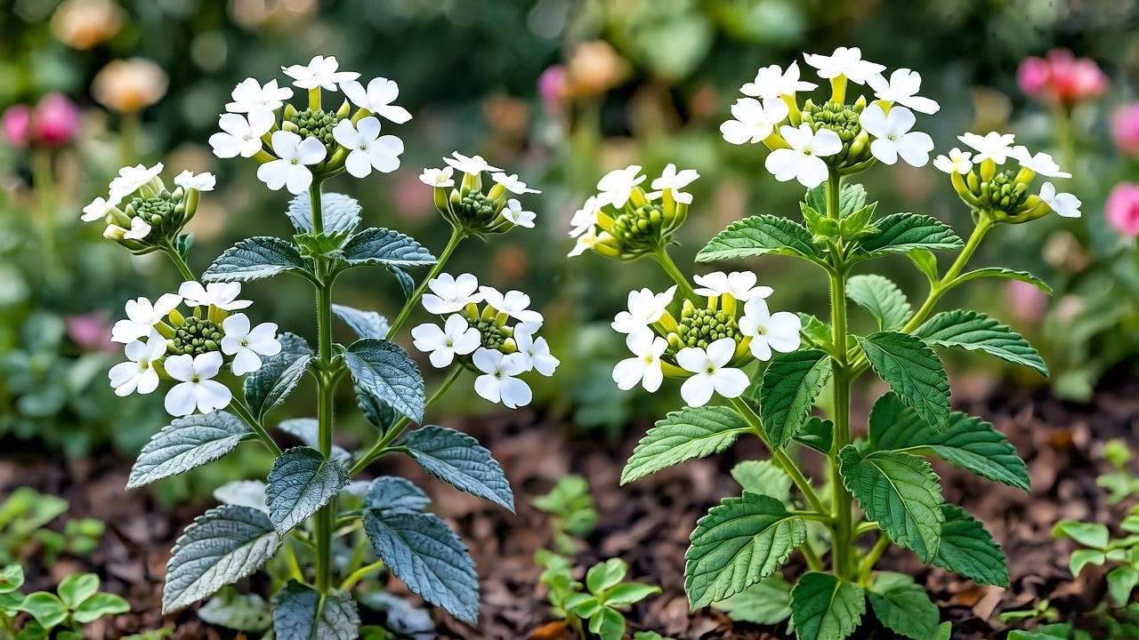 White verbena plants showing powdery mildew vs. healthy treated plant."