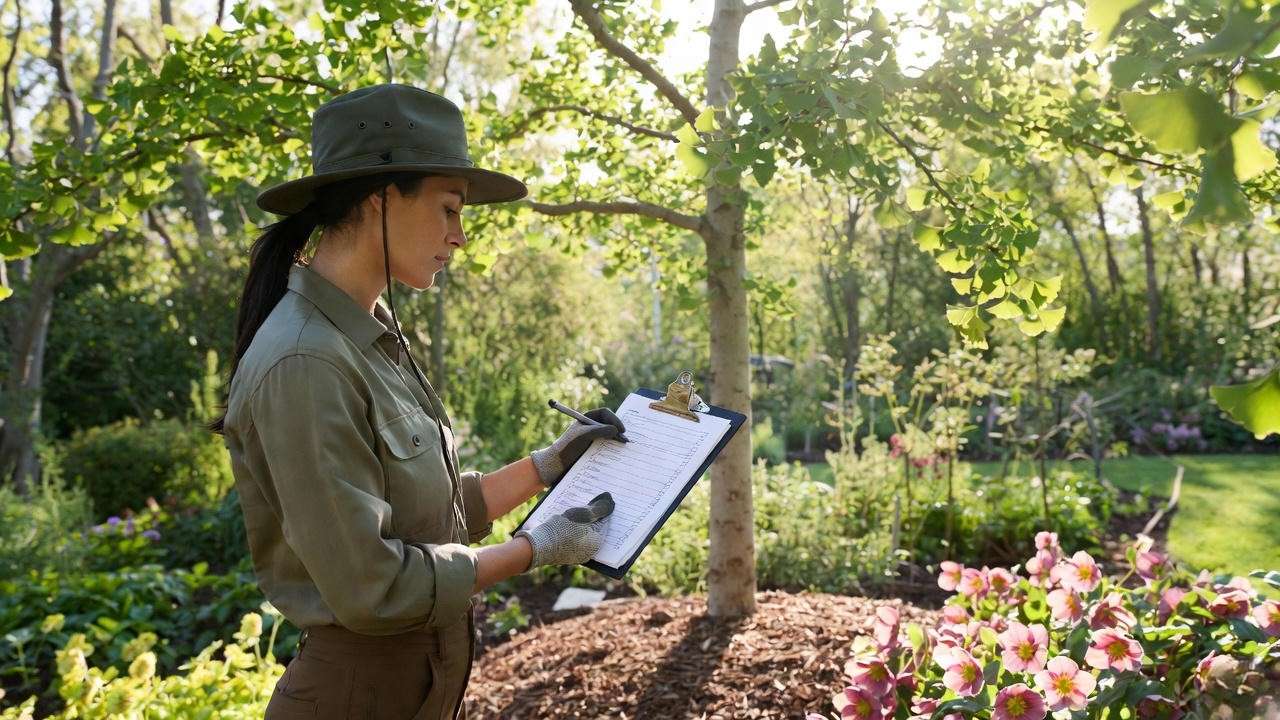 Gardener using a Goldspire Ginkgo care checklist in a garden with a healthy tree and hellebores."