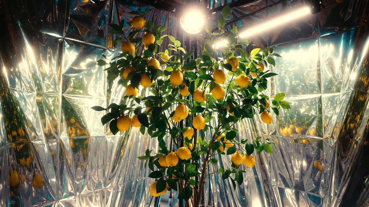 Lemon tree with reflective walls and side lighting producing maximum fruit