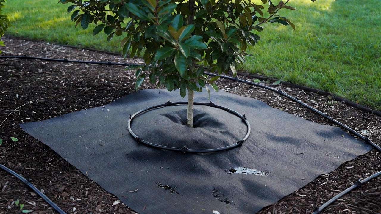 reeDiaper mat and drip irrigation setup around Quick Fire hydrangea tree base