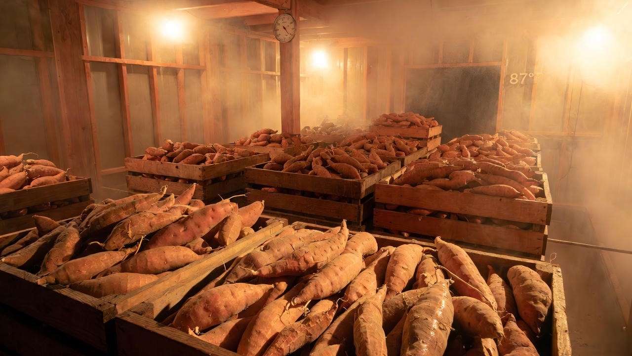 Beauregard sweet potatoes properly curing at 87°F and high humidity
