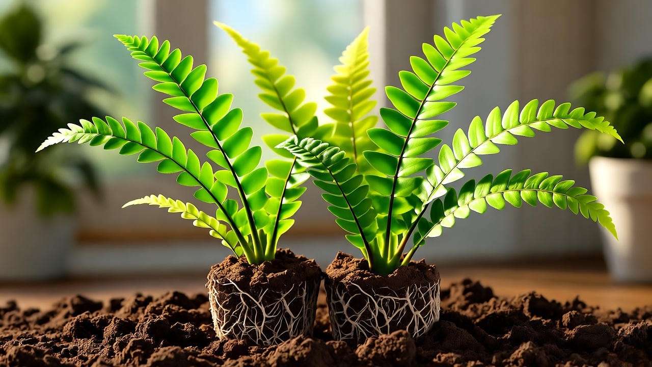 Lemon button fern plant propagated by division in fresh moist soil."