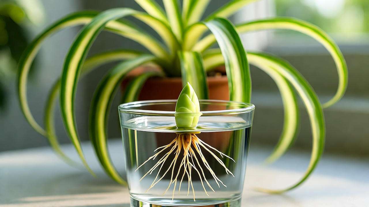 "Propagating a Hawaiian Spider Plant spiderette in water with mother plant.