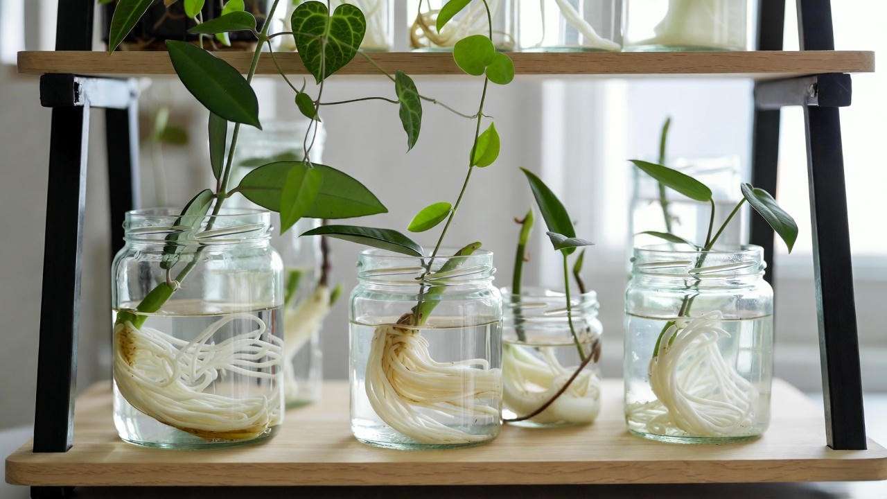 Heart-shaped plant cuttings successfully rooting in water propagation