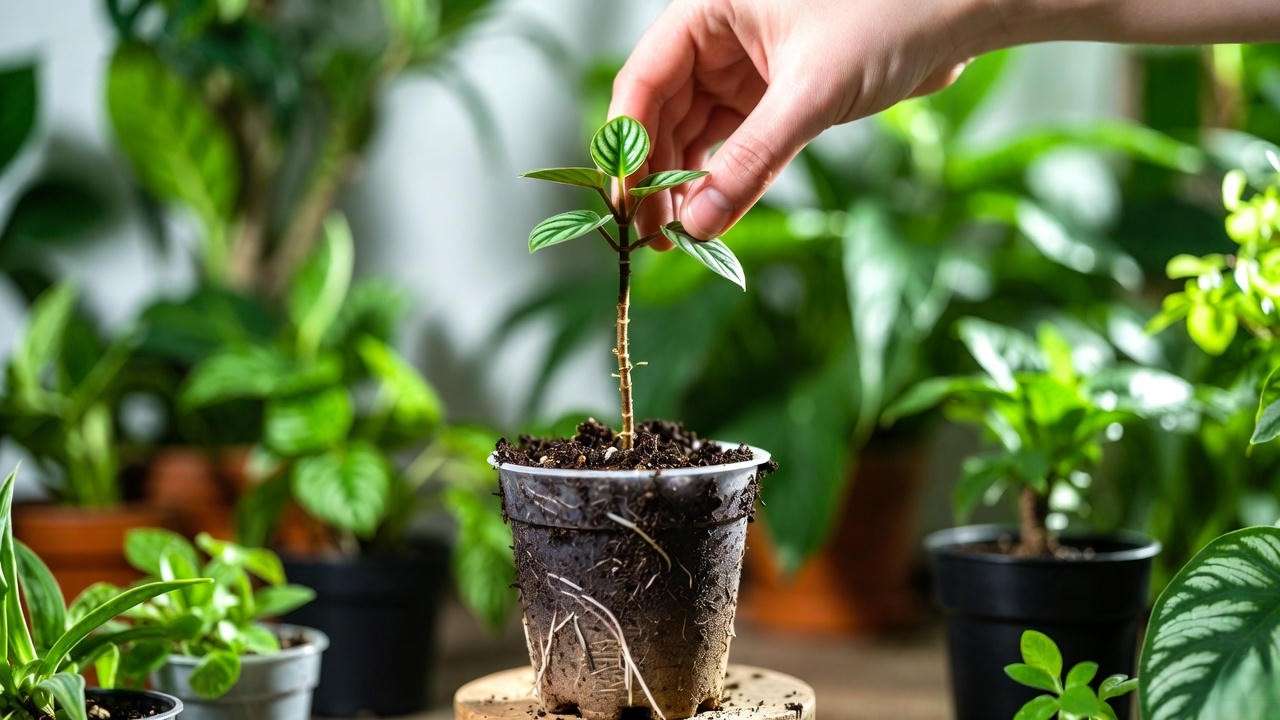 Peperomia offset plantlet separation and potting in well-draining soil.