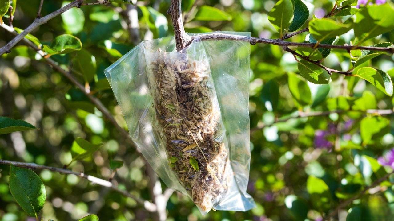 Air-layering propagation of a purple crepe myrtle branch with sphagnum moss and roots."