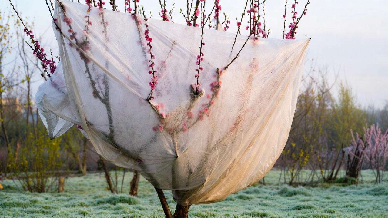 Plum tree protected with frost cloth during a light frost in a serene garden."