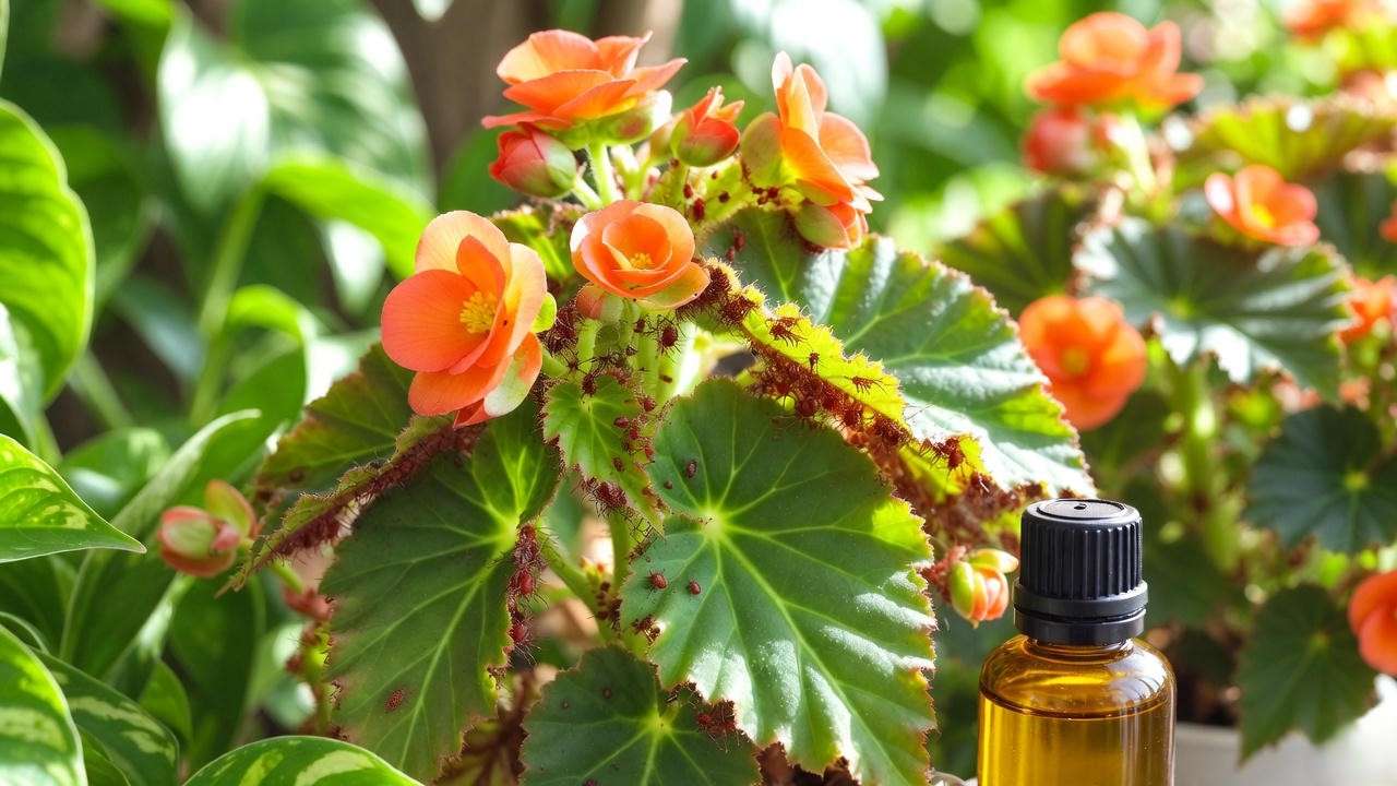 Orange begonia plant with spider mites and neem oil for pest contro