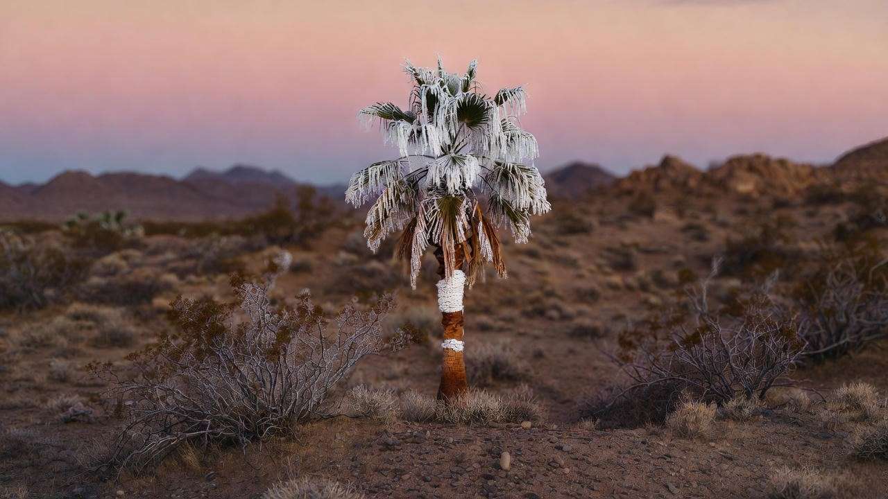 Arizona palm tree wrapped with frost cloth during a desert cold snap under a twilight sky."