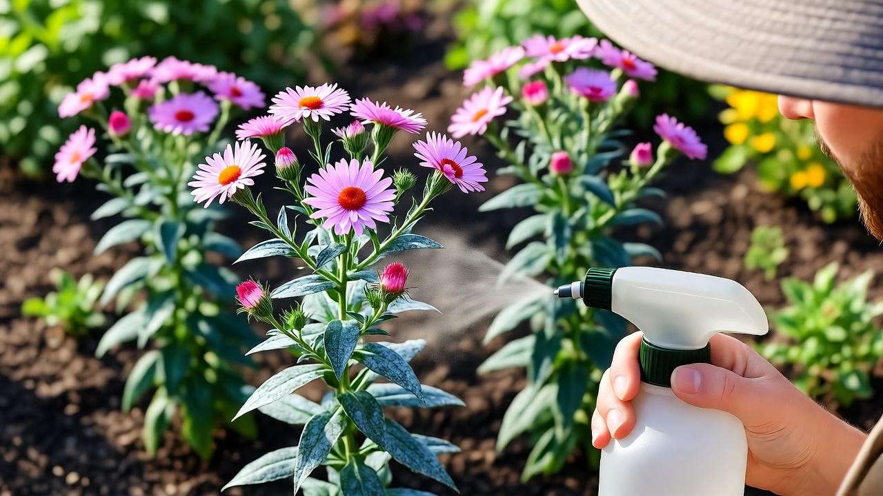 Gardener treating pink aster plant with powdery mildew in a garden."