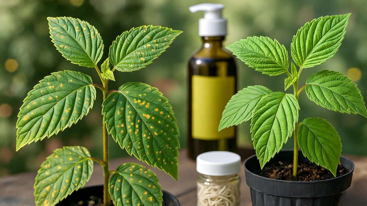 Raspberry Heritage plant with pest damage next to a healthy plant and neem oil spray."