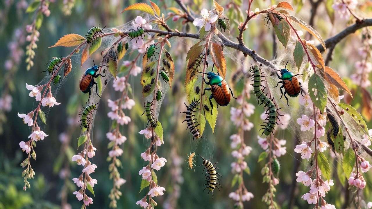 Illustration of aphids and Japanese beetles on a weeping cherry tree dwarf."
