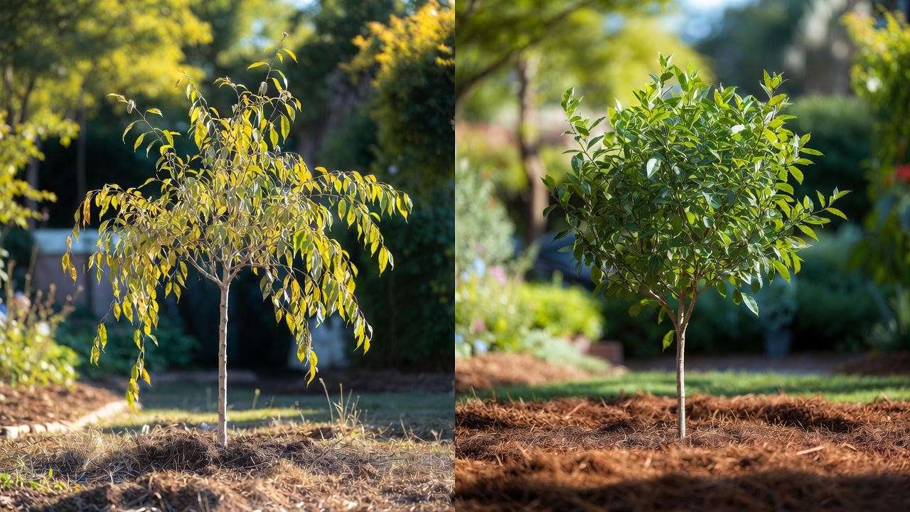 Before and after using watering rings for trees – dramatic improvement in tree health and leaf color