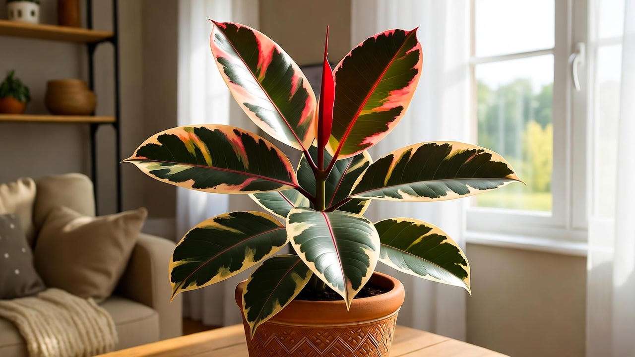 Vibrant rubber plant pink in a terracotta pot near a window with bright, indirect light, showcasing pink and cream variegated leaves.