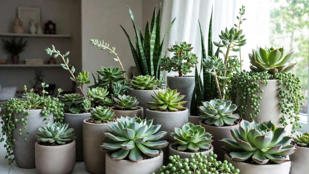 Spiky succulents thriving in bright indirect sunlight near a window, showing healthy and etiolated growth