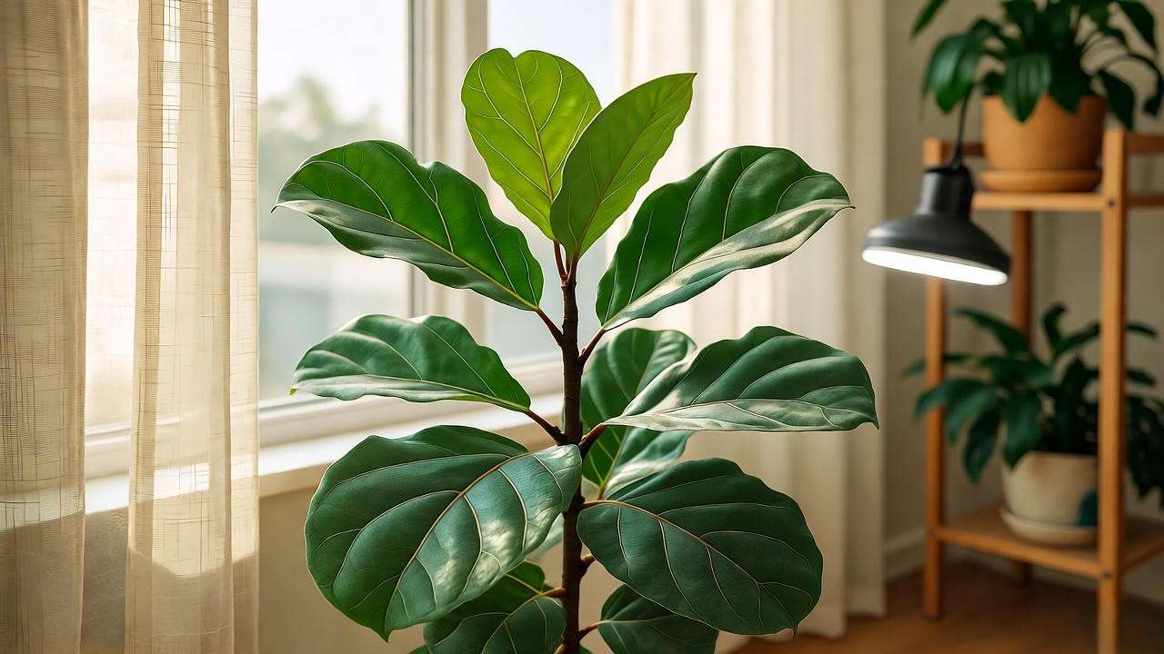 "Ficus lyrata thriving in bright indirect light near a window with grow light in background"