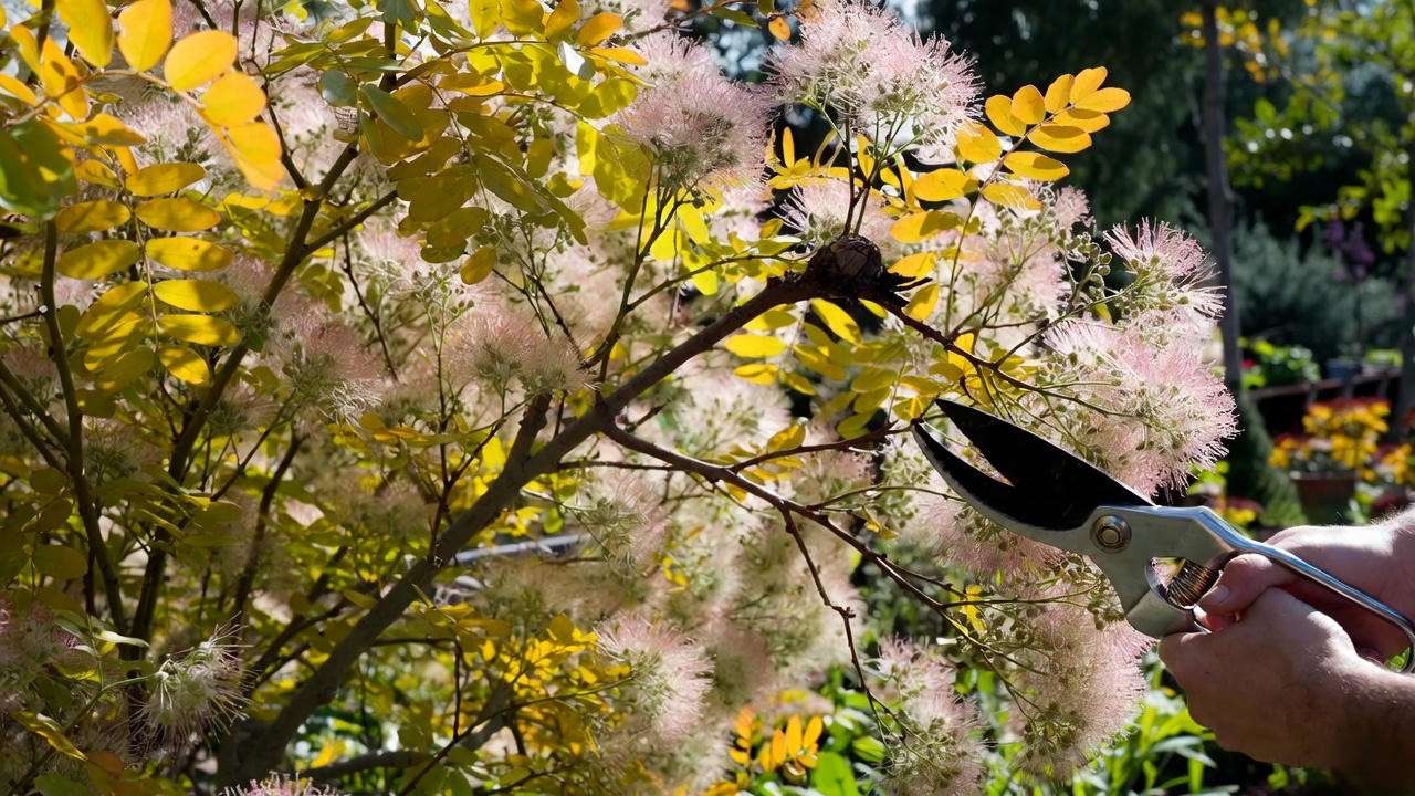 Gardener pruning a Golden Spirit Smoke Tree for shape and health"