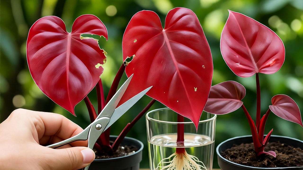 Red philodendron pruning and propagation with stem cutting in water."