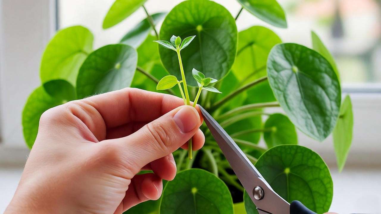 "Step-by-step pruning of a Pilea glauca plant with scissors, showing bushier growth"
