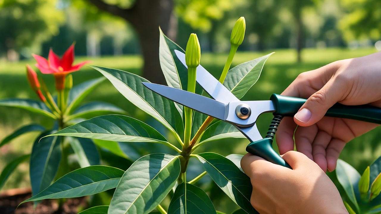"Gardener pruning Texas Star Plant with shears for healthy growth in a sunny garden."