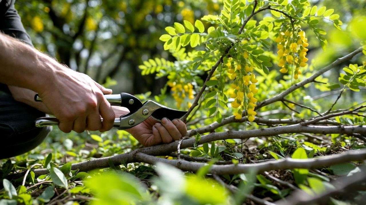 Gardener pruning flowering locust tree with pruners and fallen branches."
