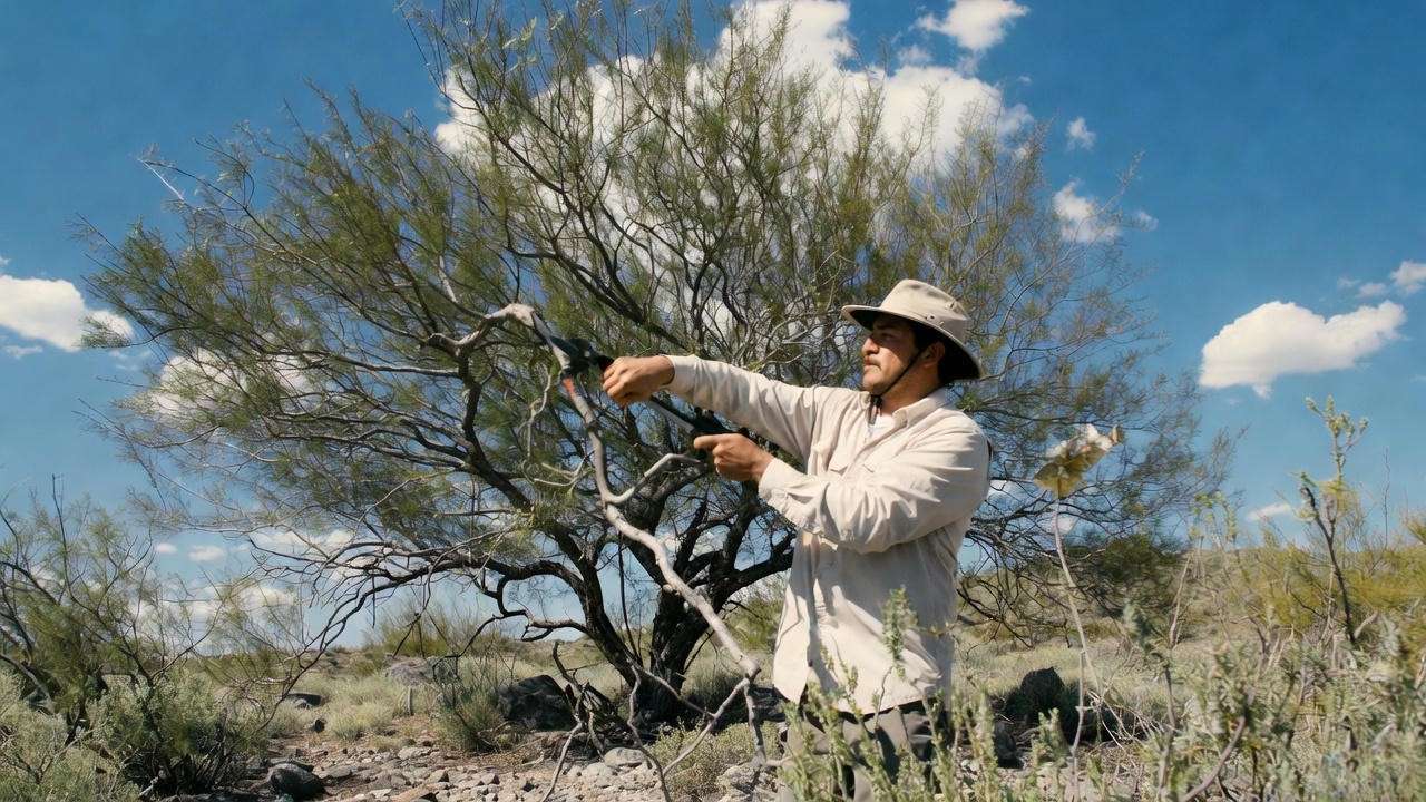 "Professional pruning Mexican sycamore tree with clean tools in sunny landscape".