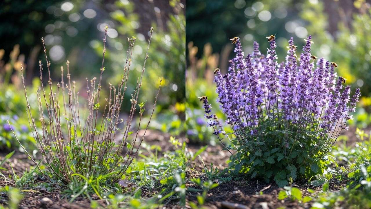 Before and after pruning calamint – dramatic second bloom results