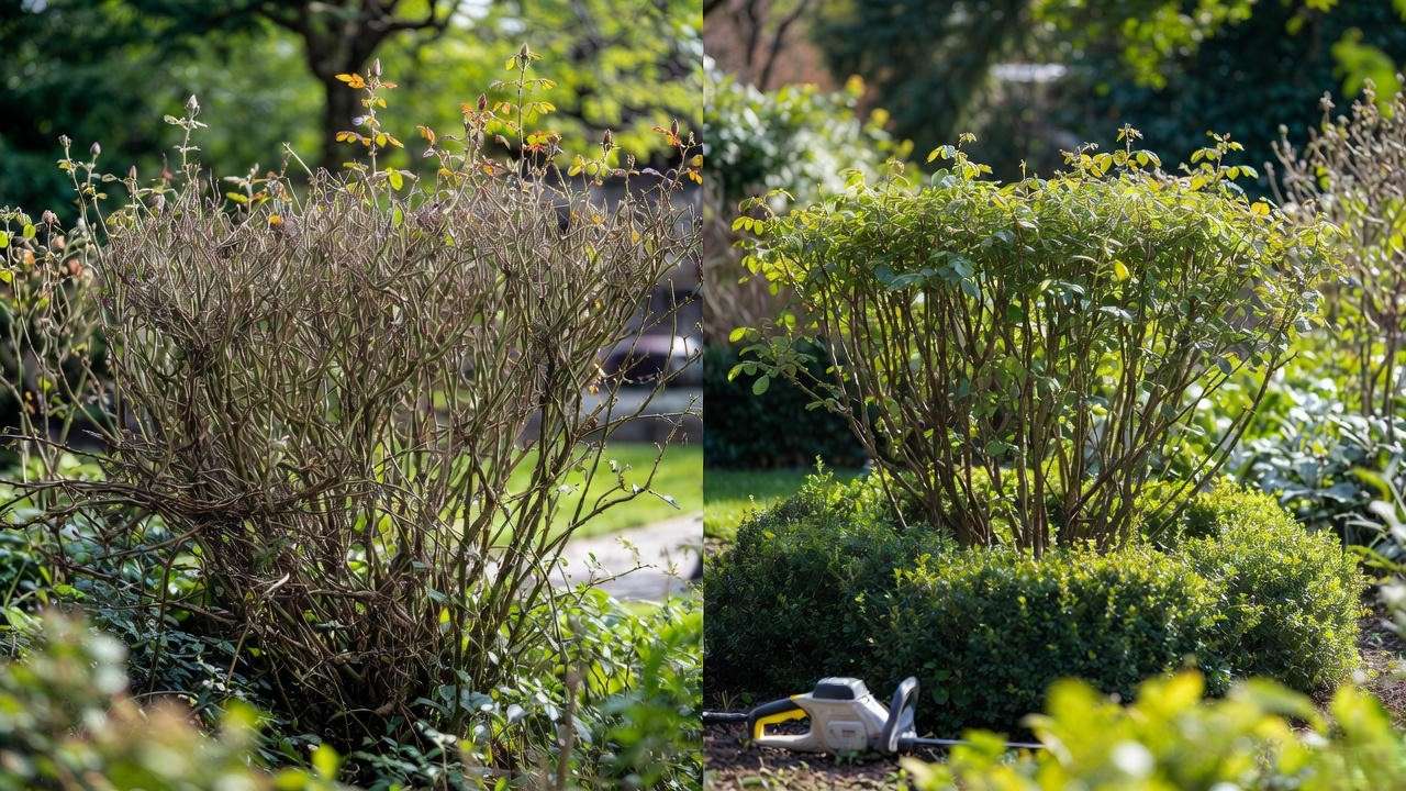 Before and after pruning ground cover roses – one simple spring haircut for perfect shape