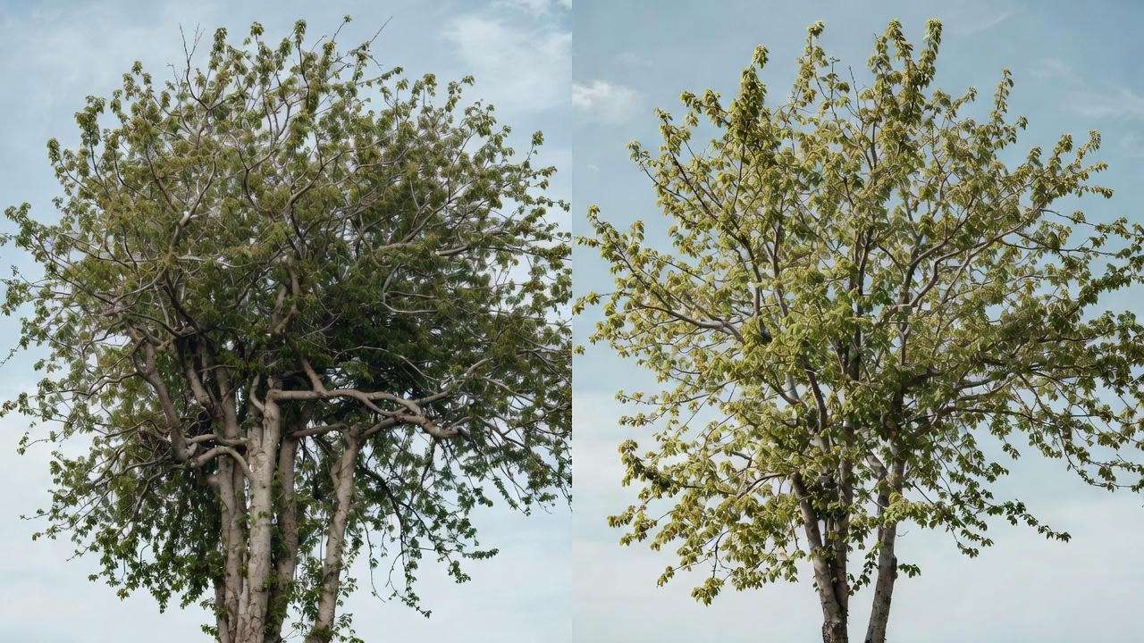 Before and after pruning of Merlot Redbud Tree showing balanced branches.