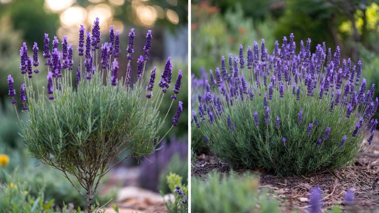 Before and after pruning Lavandula Grosso using the professional mound method