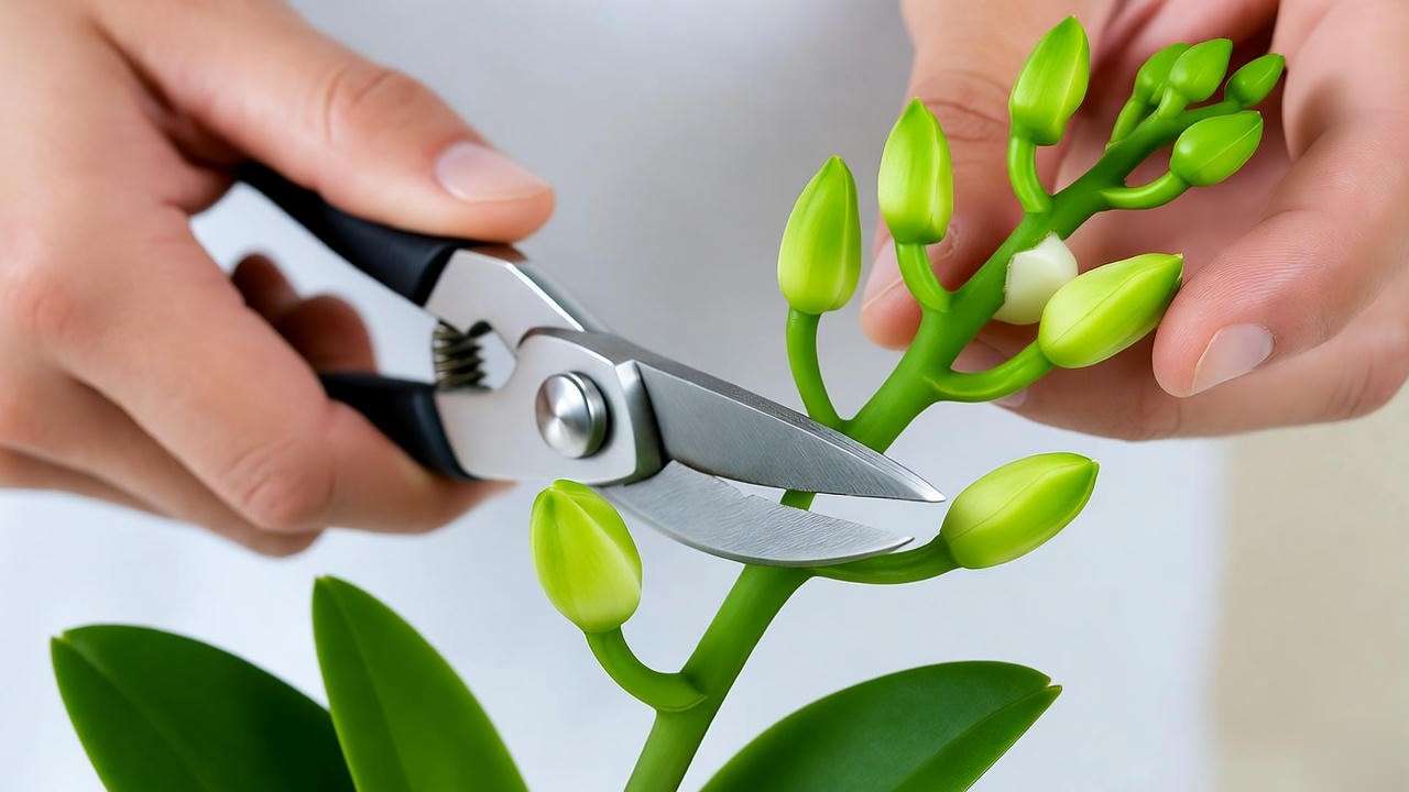 Orchid live plant flower spike being cut above the third node with pruning shears