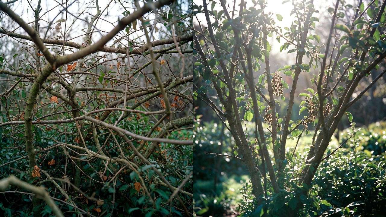 Before and after pruning Salavatski pomegranate tree into open-vase shape