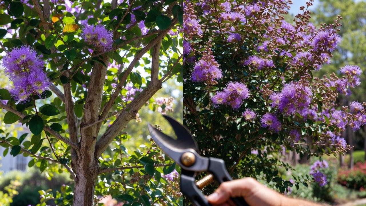 "Before-and-after of purple crepe myrtle tree pruning with shears showing proper technique."