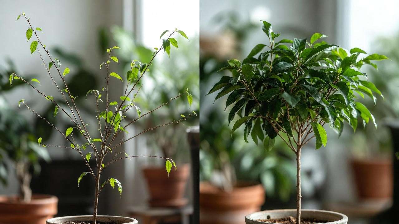 Before and after pruning Green Island Ficus for bushier growth
