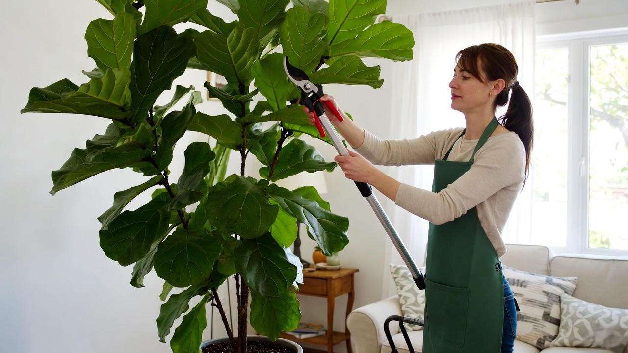 Professional pruning and notching technique on a ceiling-height indoor fiddle-leaf fig tree