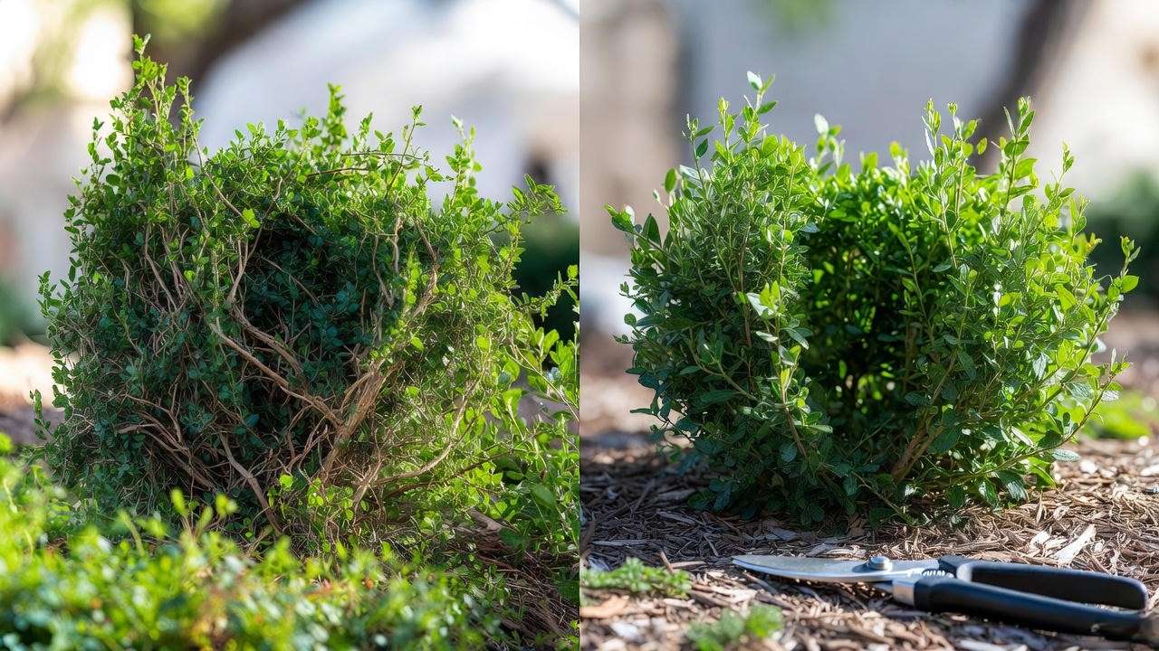 Before and after pruning Sunshine Blue blueberry bush for better fruiting