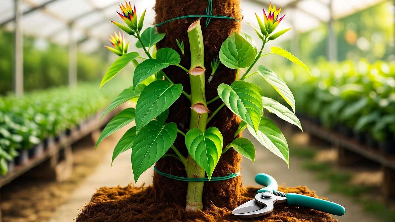 parrot flower plant pruned and trained on moss pole for bushy growth and more blooms