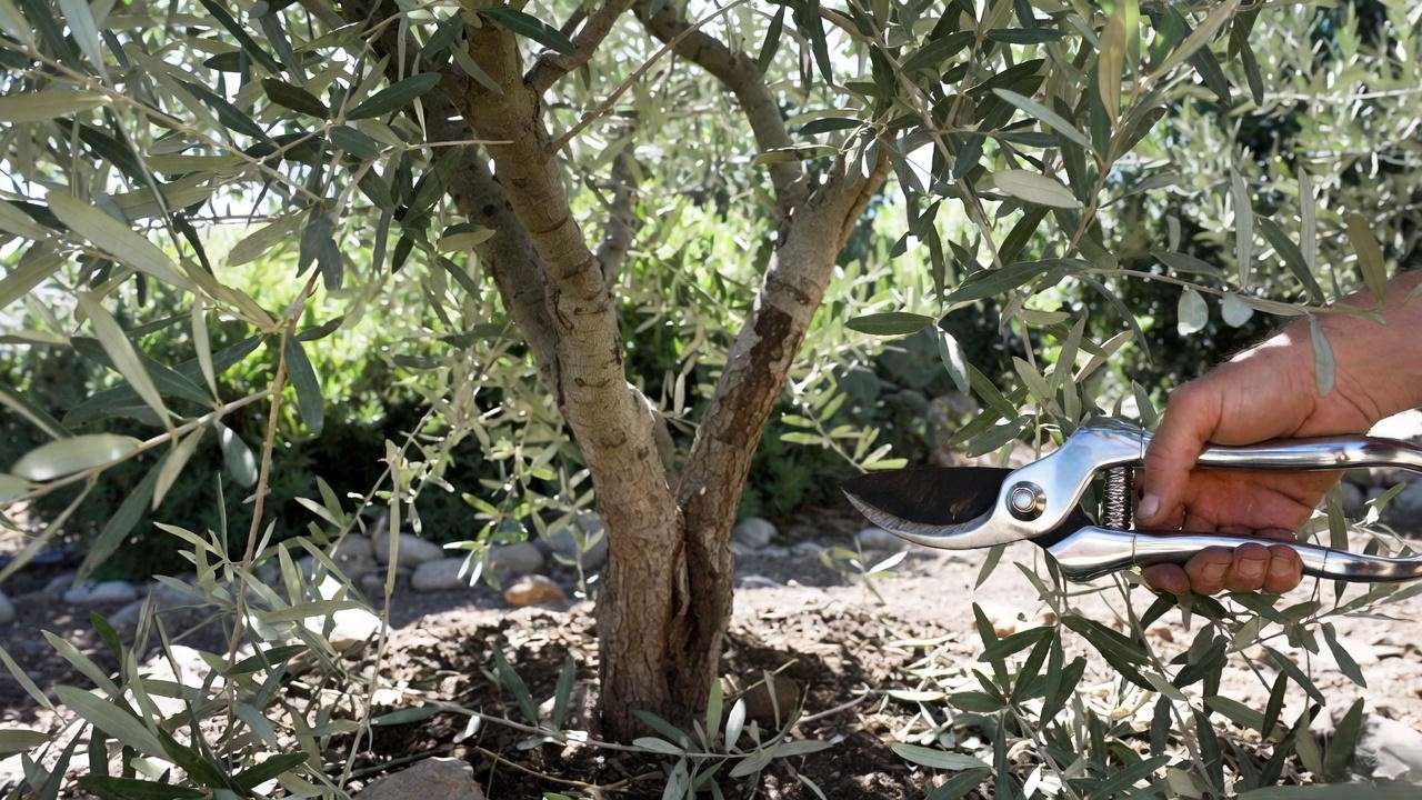 Gardener pruning mission olive tree into vase-like shape in a sunny outdoor garden."