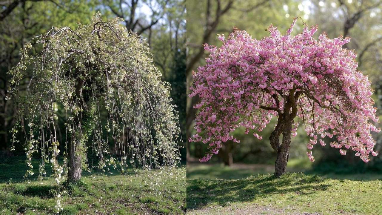 Before and after pruning double weeping cherry tree for perfect shape