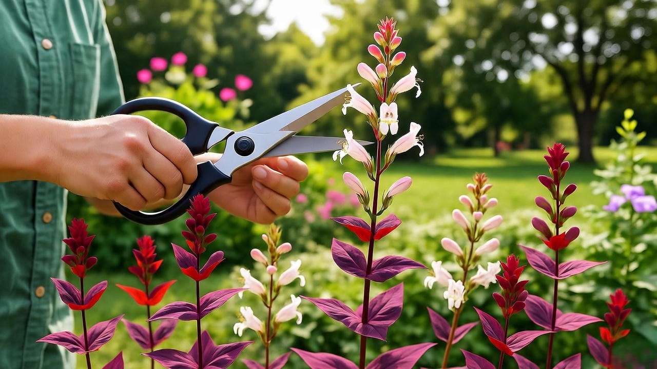 "Gardener pruning Husker Red Penstemon to remove spent flowers