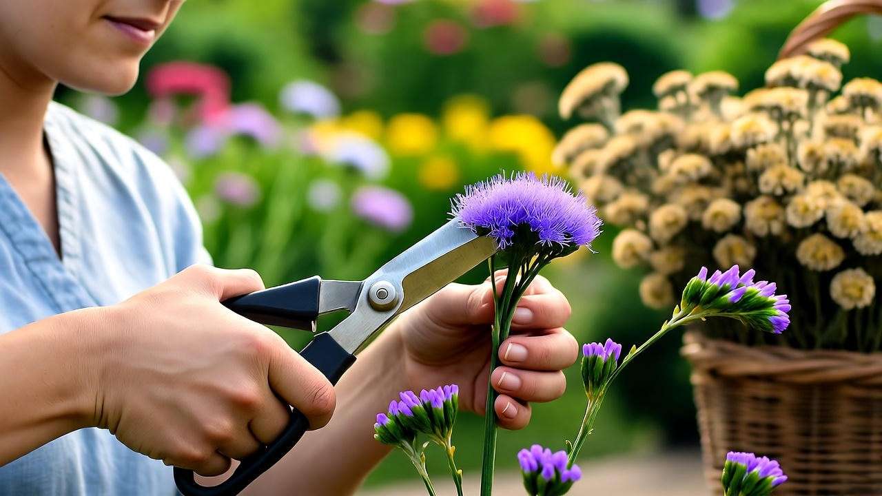 Gardener pruning Statice Perezii plant with shears and a basket of dried flowers."