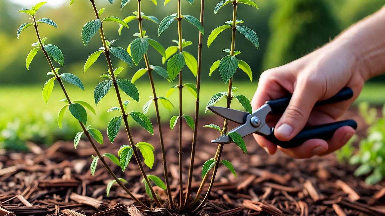 Gardener pruning slender mountain mint plants with shears in a sunny garden.