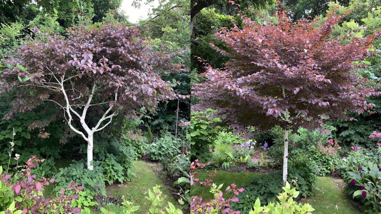Before-and-after pruning of Betula Royal Frost Birch Tree showing shaped canopy".