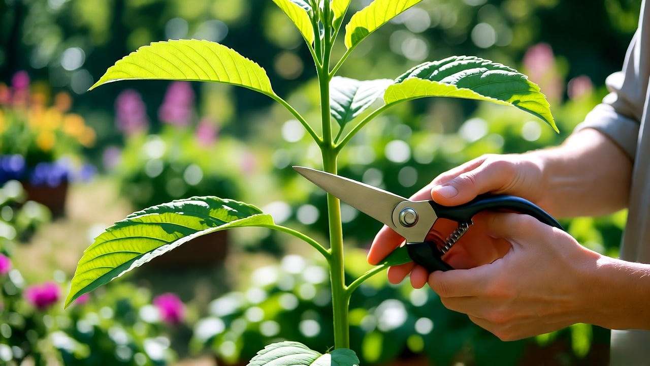 "Pruning sochan plant with shears to remove spent blooms."