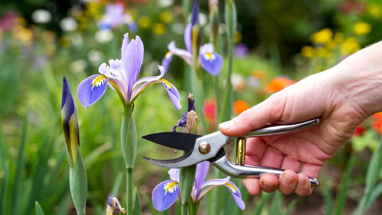 "Gardener pruning Regina Iris blooms with shears in a sunny garden.