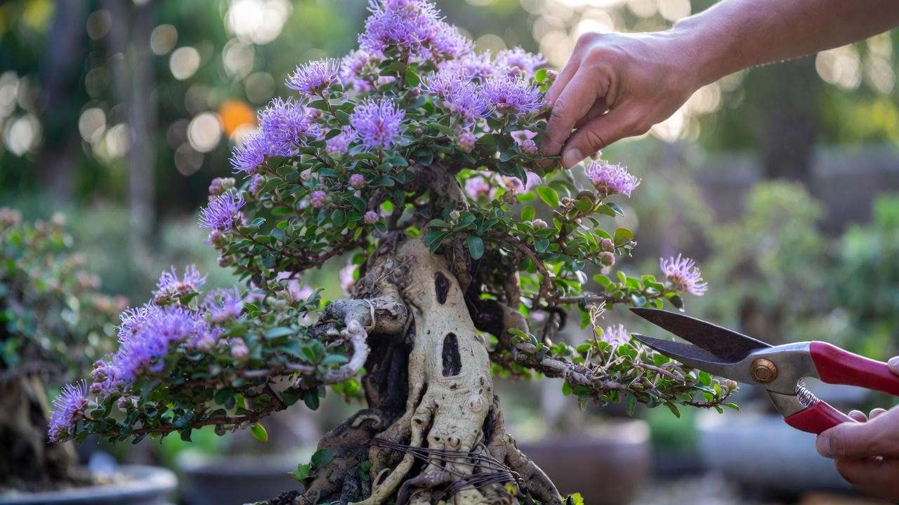 Step-by-step pruning of crepe myrtle bonsai tree with wired branches".