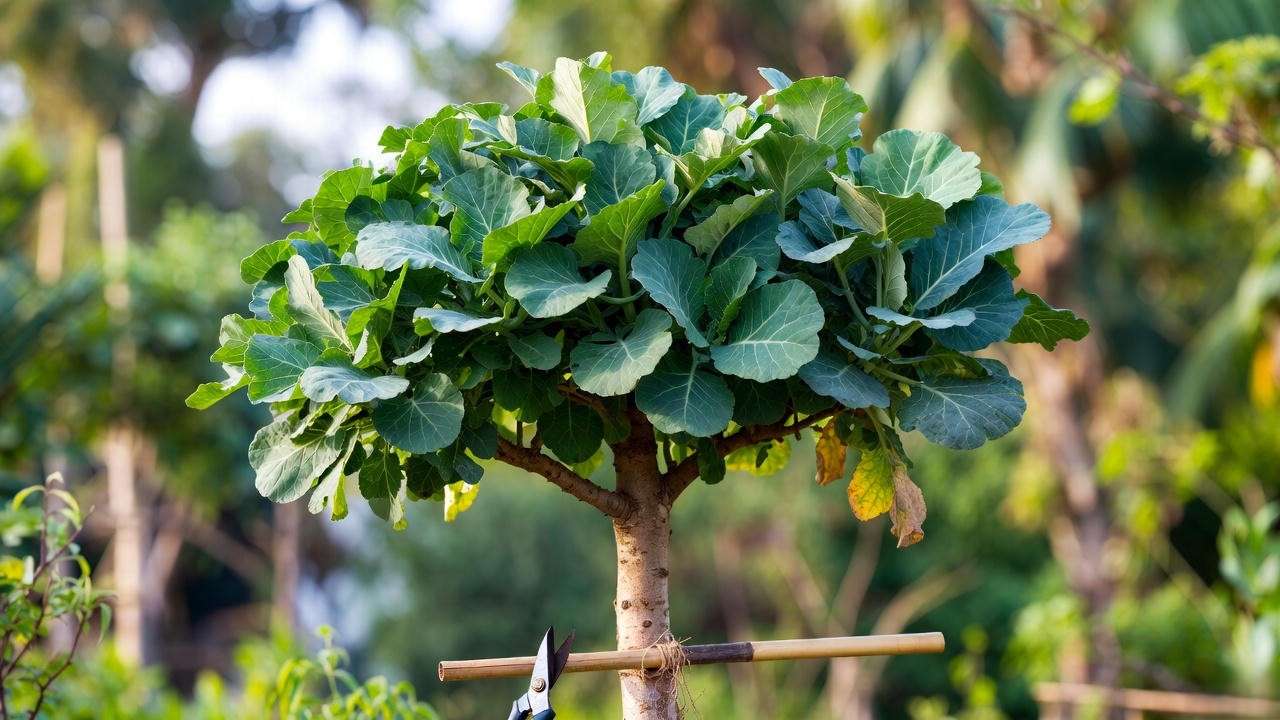 Collard green tree being pruned and staked in a lush garden
