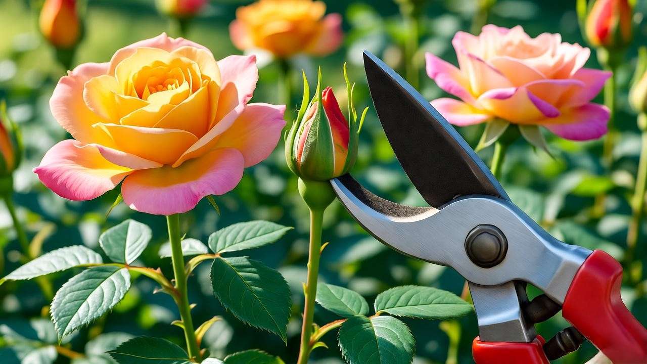 Pruning a Rio Samba rose plant with pruners at a 45-degree angle for healthy growth."