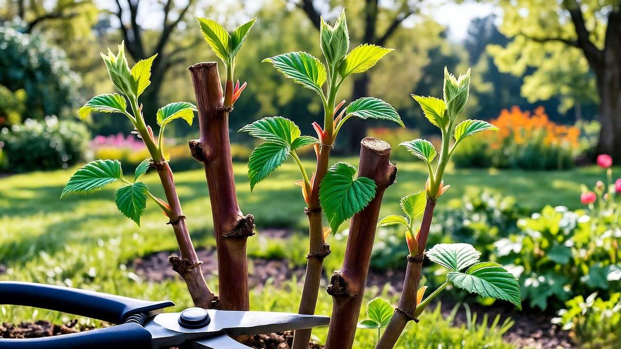 Pruned Raspberry Heritage plant with healthy growth and pruning shears in a sunny garden."